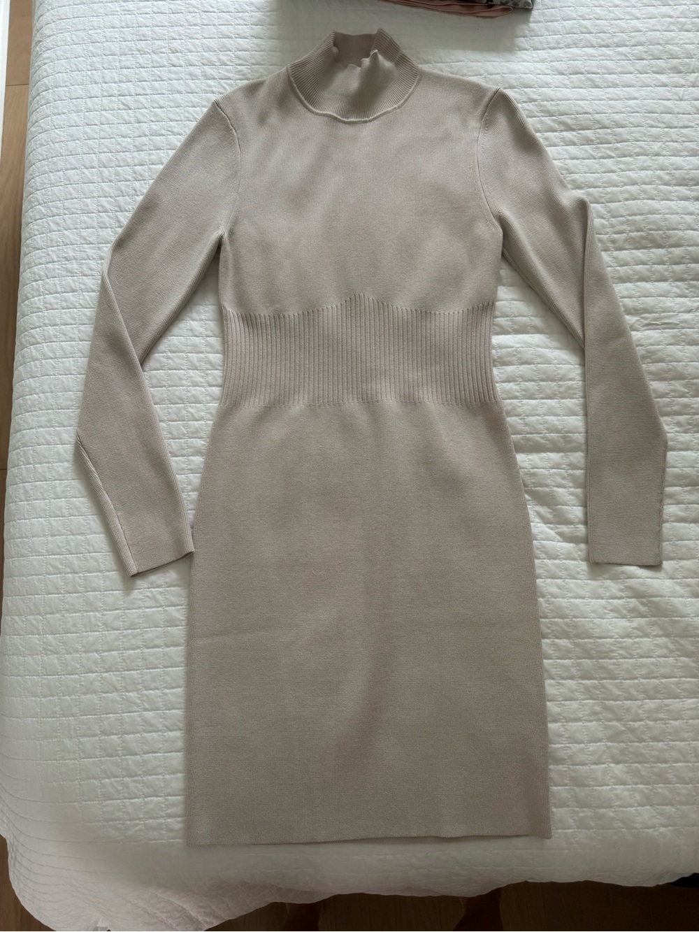 Kookai Cream Long-Sleeve Ribbed-Waist Knit Dress